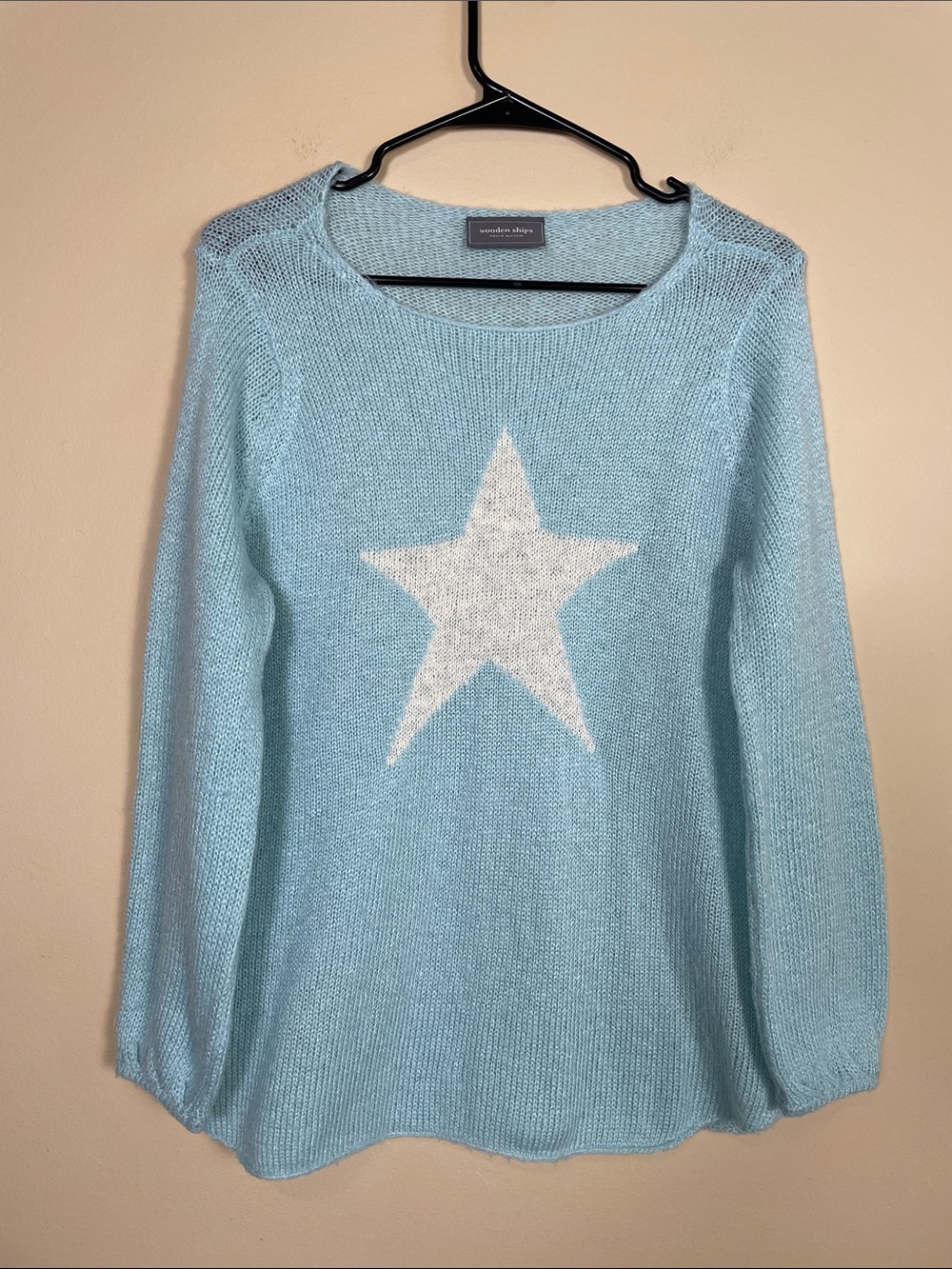 Wooden Ships Women’s Mohair Wool Blend Star Print Knit Light Blue White Sweater